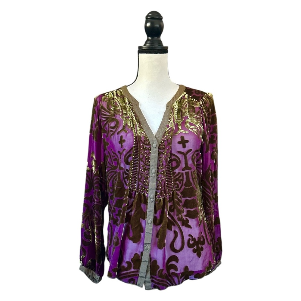 Hale Bob Purple & Green Velvet Burnout Beaded Button Up Blouse Boho Whimsigoth M